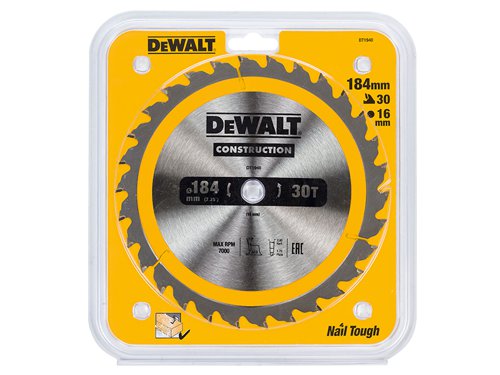 DEWALT Construction Circular Saw Blade for use with portable machines to cut softwoods and composite materials. The impact resistant carbide teeth help to reduce the chance of chipping or breaking a tooth. With ultra-sharp cutting edges and Alternate Top Bevel (ATB) teeth to reduce splinters.The blade features a wedge shoulder to protect the carbide from nail impact. The fast, smooth cutting action and durable construction makes it ideal for demanding jobsite operations, rough timber and cutting through embedded nails.This DEWALT Construction Circular Saw Blade is for the cutting of rough timber, possibly with embedded nails.Specification:Blade Diameter: 184mmBlade Bore: 16mmTooth Count: 30Plate Thickness: 1.7mmKerf Thickness: 2.6mmGrind Type: ATBRake Angle: +10°