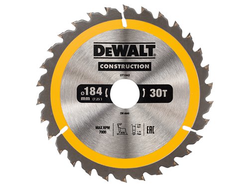 DEWALT Construction Circular Saw Blade for use with portable machines to cut softwoods and composite materials. The impact resistant carbide teeth help to reduce the chance of chipping or breaking a tooth. With ultra-sharp cutting edges and Alternate Top Bevel (ATB) teeth to reduce splinters.The blade features a wedge shoulder to protect the carbide from nail impact. The fast, smooth cutting action and durable construction makes it ideal for demanding jobsite operations, rough timber and cutting through embedded nails.This DEWALT Construction Circular Saw Blade is for the cutting of rough timber, possibly with embedded nails.Specification:Blade Diameter: 184mmBlade Bore: 30mmTooth Count: 30Plate Thickness: 1.7mmKerf Thickness: 2.6mmGrind Type: ATBRake Angle: +10°