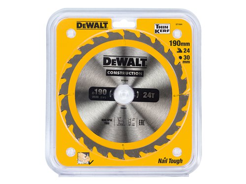 DEWALT Construction Circular Saw Blade for use with portable machines to cut softwoods and composite materials. The impact resistant carbide teeth help to reduce the chance of chipping or breaking a tooth. With ultra-sharp cutting edges and Alternate Top Bevel (ATB) teeth to reduce splinters.The blade features a wedge shoulder to protect the carbide from nail impact. The fast, smooth cutting action and durable construction makes it ideal for demanding jobsite operations, rough timber and cutting through embedded nails.This DEWALT Construction Circular Saw Blade is for the cutting of rough timber, possibly with embedded nails.Specification:Blade Diameter: 190mmBlade Bore: 30mmTooth Count: 24Plate Thickness: 1.2mmKerf Thickness: 1.8mmGrind Type: ATBRake Angle: +16°