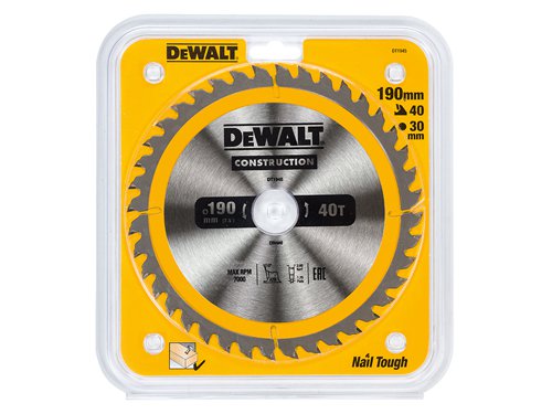 DEWALT Portable Construction Circular Saw Blade 190 x 30mm x 40T