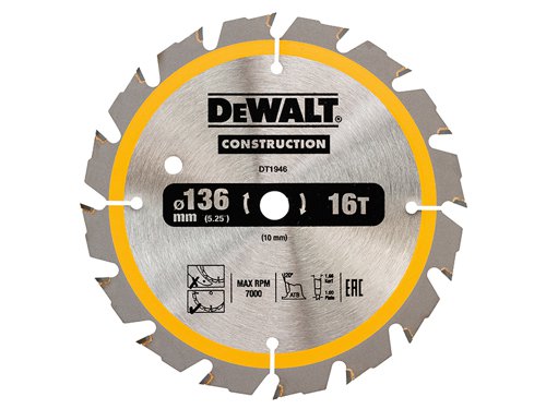 The DEWALT Cordless Construction Trim Saw Blade has impact resistant carbide teeth that help to reduce the chance of chipping or breaking a tooth. The ultra sharp carbide teeth mean less force is required when pushing the blade through the timber.Its thin kerf blade design yields more cuts per charge, minimising battery drain, whilst the triple action sharpening process grinds the tip to a razor sharp edge providing a smooth finish. The fast, smooth cutting action and durable construction makes it ideal for demanding jobsite operations.This DEWALT Cordless Construction Trim Saw Blade has been designed for fast cutting in wood and will fit the DW935 and DW936 models.Specification:Blade Diameter: 136mmBore Size: 10mmTooth Count: 16Tooth Config: ATBKerf: 1.66mmHook Angle: +20°