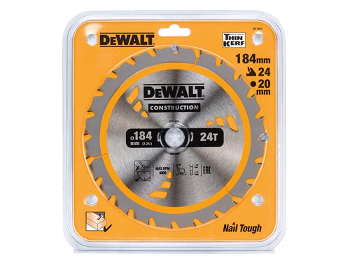 The DEWALT Cordless Construction Trim Saw Blade has impact resistant carbide teeth that help to reduce the chance of chipping or breaking a tooth. The ultra sharp carbide teeth mean less force is required when pushing the blade through the timber.Its thin kerf blade design yields more cuts per charge, minimising battery drain, whilst the triple action sharpening process grinds the tip to a razor sharp edge providing a smooth finish. The fast, smooth cutting action and durable construction makes it ideal for demanding jobsite operations.This DEWALT Cordless Construction Trim Saw Blade has been designed for fast cutting in wood and will fit the DW935 and DW936 models.Specification:Blade Diameter: 184mmBlade Bore: 20mmTooth Count: 24Tooth Config: ATBKerf: 1.79mmPlate Thickness: 1.13mmHook Angle: +18??