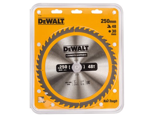 DEWALT Stationary Construction Circular Saw Blade 250 x 30mm x 48T