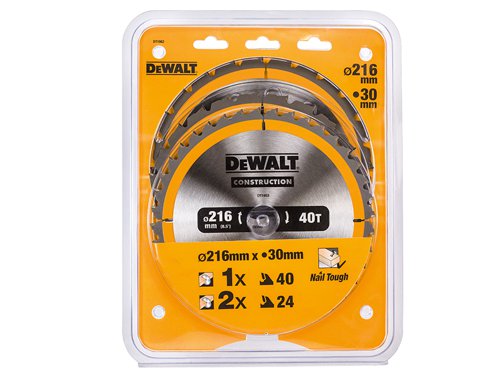 DEWALT DT1962 Construction Circular Saw Blade 3 Pack 216 x 30mm 2 x 24T 1 x 40T