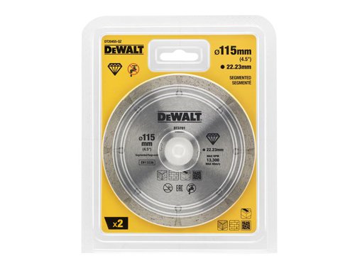 The DEWALT Dry Diamond Blade for dry cutting general masonry materials, such as brick, building blocks, paving blocks concrete. Universal fit for ALL brands of angle grinders. For use with corded and cordless grinders.Specifications:Diameter x Bore: 115 x 22.23mm.Thickness: 2.1mm.Pack Size: 2.
