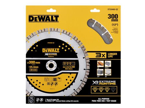The DEWALT ELITE SERIES™ All Purpose Diamond Wheel has been designed to provide durability and cut efficiently through hard materials. Made with laser welded, drop segments u200bprovide a stronger bond for up to 5x longer* life cutting hard materials. The patented arrow blade design allows for a quick cut in hard concrete and high quality straight deep cuts.*Vs. DEWALT HP Diamonds cutting C35.The DEWALT ELITE SERIES™ All Purpose Diamond Wheel are 305 x 25.4mm.