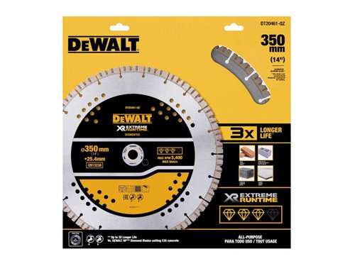 The DEWALT ELITE SERIES™ All Purpose Diamond Wheel has been designed to provide durability and cut efficiently through hard materials. Made with laser welded, drop segments u200bprovide a stronger bond for up to 5x longer* life cutting hard materials. The patented arrow blade design allows for a quick cut in hard concrete and high quality straight deep cuts.*Vs. DEWALT HP Diamonds cutting C35.The DEWALT ELITE SERIES™ All Purpose Diamond Wheel specifications 355 x 25.4mm.