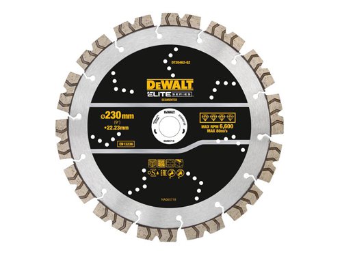 The DEWALT ELITE SERIES™ Diamond Segmented Wheel is made for demanding jobs, cutting asphalt and green concreteu200b. Laser welded, drop segments u200bprovide a stronger bond for up to 5X longer* life cutting hard materials.The carbide reinforced matrix increases diamond bond strength and u200bdelivers high performance. A high-alloy steel core allows for u200bhigh quality straight deep cuts.*Vs. DEWALT HP Diamonds cutting C35.The DEWALT ELITE SERIES™ All Purpose Diamond Segmented Wheel 230 x 22.2mm.