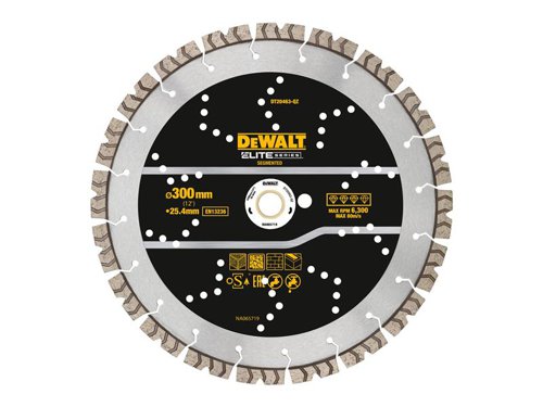 The DEWALT ELITE SERIES™ Diamond Segmented Wheel is made for demanding jobs, cutting asphalt and green concreteu200b. Laser welded, drop segments u200bprovide a stronger bond for up to 5X longer* life cutting hard materials.The carbide reinforced matrix increases diamond bond strength and u200bdelivers high performance. A high-alloy steel core allows for u200bhigh quality straight deep cuts.*Vs. DEWALT HP Diamonds cutting C35.The DEWALT ELITE SERIES™ All Purpose Diamond Segmented Wheel 300 x 25.4mm.