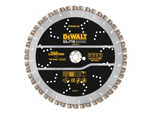 The DEWALT ELITE SERIES™ Diamond Segmented Wheel is made for demanding jobs, cutting asphalt and green concreteu200b. Laser welded, drop segments u200bprovide a stronger bond for up to 5X longer* life cutting hard materials.The carbide reinforced matrix increases diamond bond strength and u200bdelivers high performance. A high-alloy steel core allows for u200bhigh quality straight deep cuts.*Vs. DEWALT HP Diamonds cutting C35.The DEWALT ELITE SERIES™ All Purpose Diamond Segmented Wheel 350 x 25.4mm.