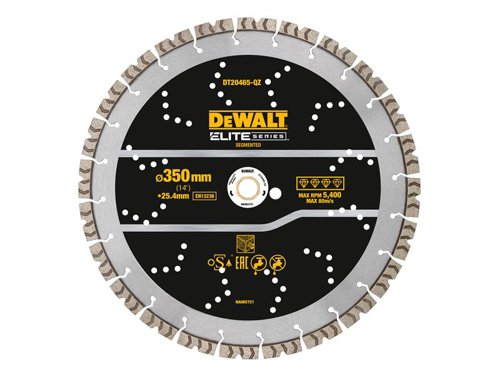 The DEWALT ELITE SERIES™ Diamond Segmented Wheel made for cutting in concreteu200b with rebar. Laser welded, drop segments u200bprovide a stronger bond for up to 5X longer* life cutting hard materials.The carbide reinforced matrix increases diamond bond strength and u200bdelivers high performance. A high-alloy steel core allows for u200bhigh quality straight deep cuts.*Vs. DEWALT HP Diamonds cutting C35.