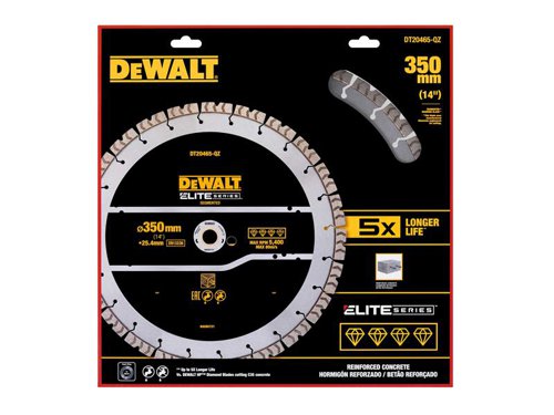 The DEWALT ELITE SERIES™ Diamond Segmented Wheel made for cutting in concreteu200b with rebar. Laser welded, drop segments u200bprovide a stronger bond for up to 5X longer* life cutting hard materials.The carbide reinforced matrix increases diamond bond strength and u200bdelivers high performance. A high-alloy steel core allows for u200bhigh quality straight deep cuts.*Vs. DEWALT HP Diamonds cutting C35.