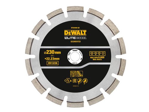 The DEWALT ELITE SERIES™ Asphalt Diamond Segmented Wheel made with laser welded, drop segments u200bprovide a stronger bond for up to 5X longer* life cutting hard materials.The carbide reinforced matrix increases diamond bond strength and u200bdelivers high performance. A high-alloy steel core allows for u200bhigh quality straight deep cuts.*Vs. DEWALT HP Diamonds cutting C35.The DEWALT ELITE SERIES™ Asphalt Diamond Segmented Wheel 230 x 22.23mm.