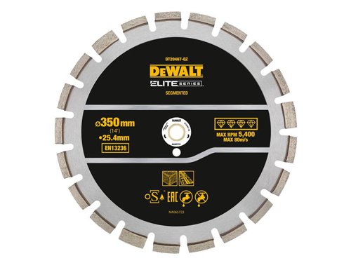 The DEWALT ELITE SERIES™ Asphalt Diamond Segmented Wheel made with laser welded, drop segments u200bprovide a stronger bond for up to 5X longer* life cutting hard materials.The carbide reinforced matrix increases diamond bond strength and u200bdelivers high performance. A high-alloy steel core allows for u200bhigh quality straight deep cuts.*Vs. DEWALT HP Diamonds cutting C35.The DEWALT ELITE SERIES™ Asphalt Diamond Segmented Wheel 350 x 25.4mm.