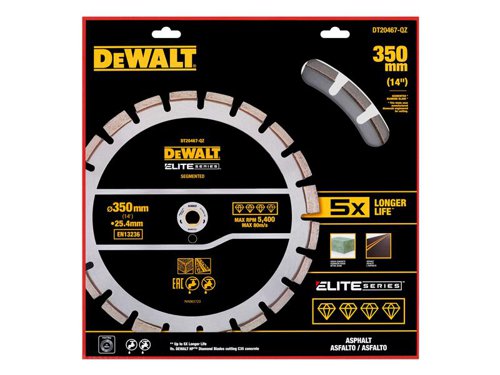 The DEWALT ELITE SERIES™ Asphalt Diamond Segmented Wheel made with laser welded, drop segments u200bprovide a stronger bond for up to 5X longer* life cutting hard materials.The carbide reinforced matrix increases diamond bond strength and u200bdelivers high performance. A high-alloy steel core allows for u200bhigh quality straight deep cuts.*Vs. DEWALT HP Diamonds cutting C35.The DEWALT ELITE SERIES™ Asphalt Diamond Segmented Wheel 350 x 25.4mm.