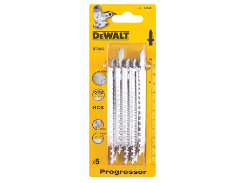 The DEWALT HCS Progressor Tooth Jigsaw Blades are ideal for fast cutting of different material thicknesses with a single blade. The blades are made from high carbon steel for increased durability with a T shank fitting for all T-shank Jigsaws. The PROGRESSOR Blade can be used for woods, chipboard, plywood and fibre boards up to 65mm thick.1 x Pack of 5 DEWALT DT2057 HCS Progressor Tooth Jigsaw Blades T234X