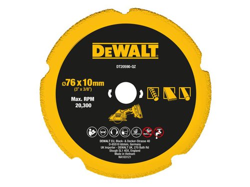 DEWALT DT20590 Diamond Multi Material Blade 75mm for cutting a wide range of materials including drywall, cement board, PVC/plastic, fibre glass, and metal.Specially design for use with the DEWALT DCS438E2T XR BL Cut Off Tool (DEWDCS438E2T).