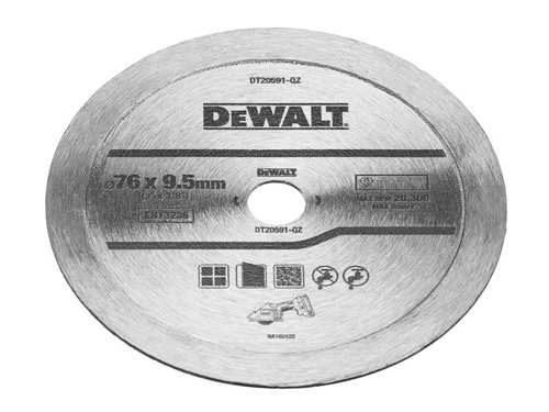 The DEWALT DT20591 Diamond Tile Blade 76mm for dry and wet cutting in all types of tile and ceramics. Its fine diamond grit provides a precise chip free finish. Specially design for use with the DEWALT DCS438E2T XR BL Cut Off Tool (DEWDCS438E2T).