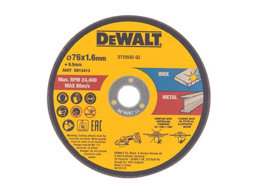 DEWALT DT20592 Bonded Abrasive Cutting Disc with aluminium oxide grain. For cutting, grinding, and finishing in inox and metal.Specially design for use with the DEWALT DCS438E2T XR BL Cut Off Tool (DEWDCS438E2T).Pack of 3.