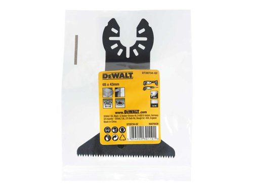 DEWALT DT20734 Fastcut Wide Wood Multi-tool Blade. Suitable for a wide range of cutting applications, including wood, plasterboard and PVC. UNIVERSAL FITMENTâ„¢ for adaptor-free use with all major oscillating tool brands. Durable enough to tackle tough jobs.Specifications:Width: 65mm.Length: 43mm.