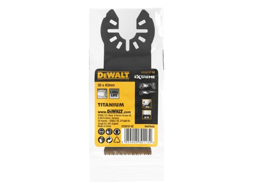 DEWALT DT20737 Titanium Metal Multi-tool Blade is designed for both wood and metal cutting applications. Cuts metal, wood, wood with nails, plastics and plasterboard. Durable enough to tackle tough jobs. Its titanium blade provides improved life when cutting metal.UNIVERSAL FITMENTâ„¢ for adaptor-free use with all major oscillating tool brands.Specifications:Width: 30mm.Length: 44mm.