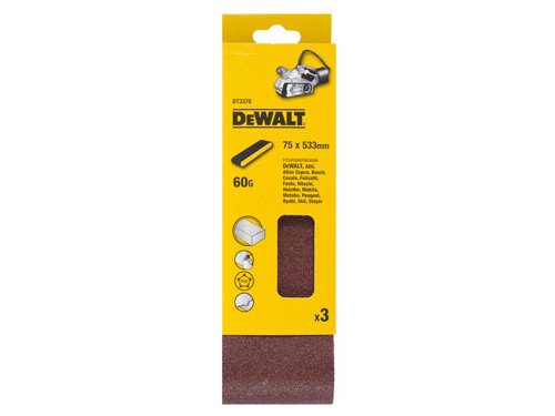 DEWALT Sanding belts have a heavy-duty backing cloth, resin bonded for use with belt sanders. They provide excellent grain adhesion and heat resistance for power sanding and have a high quality aluminium oxide grain for fast, aggressive stock removal and fine finishing. Anti static bond and backing ensures more efficient dust extraction, improved finish and longer life.Applications: for all stripping, sanding and finishing tasks on wood, metal and painted surfaces.Pack of 3 DEWALT Sanding Belts 533 x 75mm 60G.
