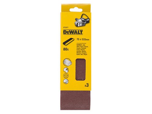 DEWALT Sanding belts have a heavy-duty backing cloth, resin bonded for use with belt sanders. They provide excellent grain adhesion and heat resistance for power sanding and have a high quality aluminium oxide grain for fast, aggressive stock removal and fine finishing. Anti static bond and backing ensures more efficient dust extraction, improved finish and longer life.Applications: for all stripping, sanding and finishing tasks on wood, metal and painted surfaces.Pack of 3 DEWALT Sanding Belts 533 x 75mm 80G.