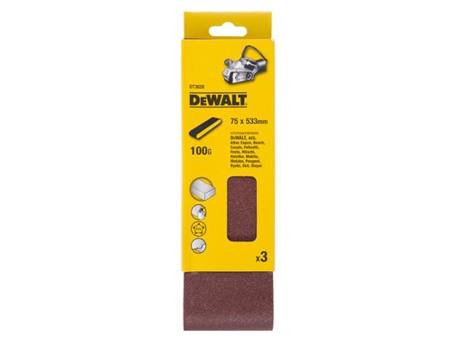 DEWALT Sanding belts have a heavy-duty backing cloth, resin bonded for use with belt sanders. They provide excellent grain adhesion and heat resistance for power sanding and have a high quality aluminium oxide grain for fast, aggressive stock removal and fine finishing. Anti static bond and backing ensures more efficient dust extraction, improved finish and longer life.Applications: for all stripping, sanding and finishing tasks on wood, metal and painted surfaces.This Pack of 3 DEWALT Sanding Belts 533 x 75mm 100G.