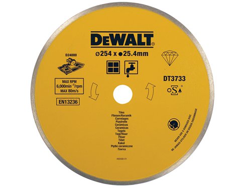 The DEWALT DEWDT3733XJ ceramic diamond tile blade has a continuous rim design for fine finish in hard materials e.g. tiles and ceramics. The blade is for wet cutting only and can be used with DEWALT wet tile saws.The DEWALT DEWDT3733XJ has the following specifications:254mm Diameter25.4mm Bore Size8mm Segment Height1.6mm Segment Width
