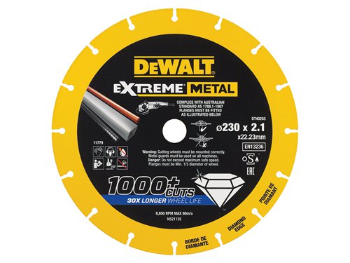 The DEWALT Extreme Metal Cut Off Saw Blade has an Extreme Diamond Edge made from metal cutting diamonds bonded to the wheel‘s surface using a proprietary technology. The disc is made from solid steel for reduced risk of breakage. The disc has no shelf life, unlike bonded abrasives this disc will not expire, as long as it is stored in proper conditions.For cutting a wide range of metals: steel, stainless steel, cast iron, rebar, aluminium and non-ferrous metals. Ideal for use with the DCS690 FlexVolt XR Cut Off Saw.Specification:Diameter: 230mmThickness: 2.10mmBore Size: 22.23mmMax. rpm: 6,650/min.