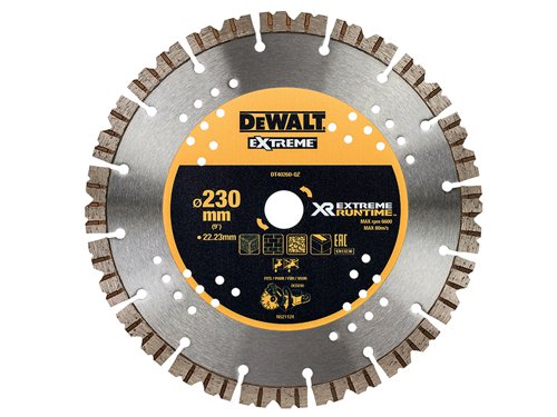 The DEWALT Extreme Diamond Cutting Blade has a 3 x 12mm diamond segment with an aggressive cut pattern giving faster cuts and longer blade life. With an optimised wheel edge design for better debris removal. For cutting through concrete and masonry materials, wet or dry conditions.Ideal for use with the DCS690 FlexVolt XR Cut Off Saw.This DEWALT Extreme Wet & Dry Use Diamond Blade has the following specification:Diameter: 230mmBore Size: 22.23mmSegment Height: 12mmSegment Thickness: 2.6mmMax. rpm: 6,600/min.