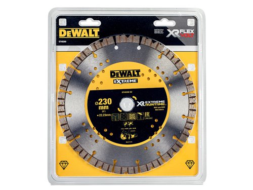 The DEWALT Extreme Diamond Cutting Blade has a 3 x 12mm diamond segment with an aggressive cut pattern giving faster cuts and longer blade life. With an optimised wheel edge design for better debris removal. For cutting through concrete and masonry materials, wet or dry conditions.Ideal for use with the DCS690 FlexVolt XR Cut Off Saw.This DEWALT Extreme Wet & Dry Use Diamond Blade has the following specification:Diameter: 230mmBore Size: 22.23mmSegment Height: 12mmSegment Thickness: 2.6mmMax. rpm: 6,600/min.