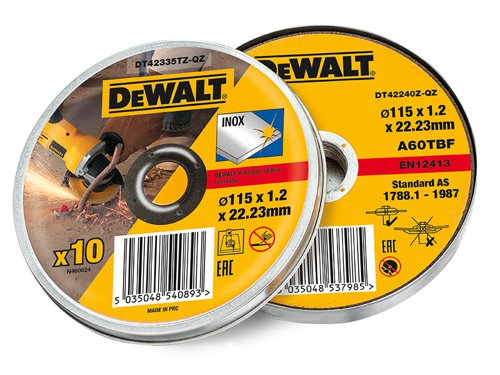 DEWALT DT42240 Inox Metal/Stainless Cutting Disc for cutting all types of steel. Made from a professional grade aluminium oxide formulation for high durability, aggressive cutting action and long life. With reinforced fibreglass and a premium resin bond.Specification:Diameter: 115mmBore: 22.2mmThickness: 1.2mmPack of 10 DEWALT DT42335TZ Inox Metal/Stainless Cutting Discs 115 x 1.2 x 22.23mm supplied in a tin for safe storage.