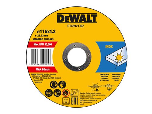 The DEWALT DT43921 Metal Cut Off Disc is manufactured from professional aluminium oxide grain, designed for cordless tools to maximise life and performance. Ideal for use in general cutting work on stainless steel, ferrous metals and non-ferrous metals. With an extra thin kerf (1.2mm) for the perfect cut.Pack of 10 discs supplied in a storage tin.Specification:Diameter: 115mmThickness: 1.2mmBore Size: 22.23mm