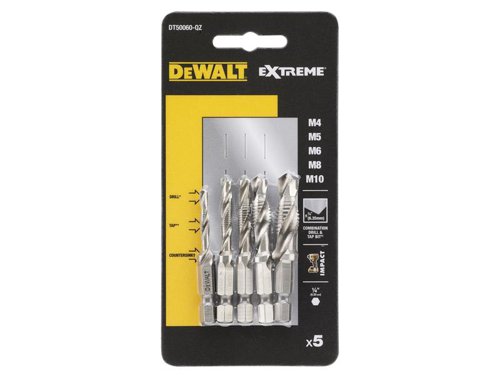 DEWALT Impact Ready Drill Taps with 1/4in hex shank is designed specifically for impact drivers. The impact ready shank maximises resistance to wear and shock. Its speed tip penetrates material quickly and minimises walking on the material.This 5 piece set contains the following sizes: M4, M5, M6, M8 and M10.