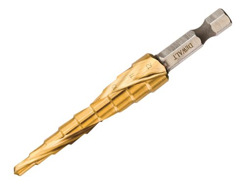 The DEWALT Extreme Step Drill Bit is produced for drilling and enlarging holes in metal. Suitable for construction steel, ferrous and non-ferrous metals, plastic, and thin walled materials up to 3mm. Optimized geometry helps to penetrate material faster, achieving precise drilling without walking. The titanium coating provides increased wear resistance, corrosion resistance and up to 2x life (vs black oxide).The DEWALT Extreme Step Drill Bit 6-12mm.