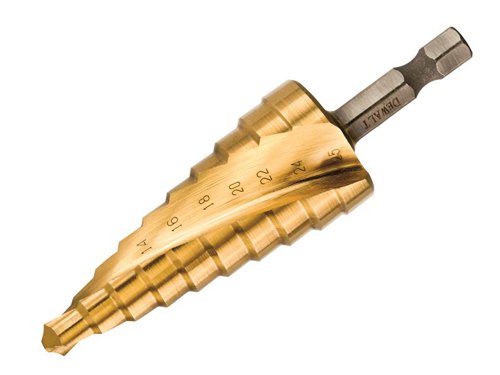 The DEWALT Extreme Step Drill Bit is produced for drilling and enlarging holes in metal. Suitable for construction steel, ferrous and non-ferrous metals, plastic, and thin walled materials up to 3mm. Optimized geometry helps to penetrate material faster, achieving precise drilling without walking. The titanium coating provides increased wear resistance, corrosion resistance and up to 2x life (vs black oxide).The DEWALT Extreme Step Drill Bit 14-25mm.