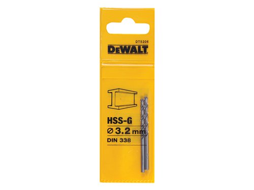 The DEWALT HSS G-Jobber Drill Bit is a precision ground twist drill bit for rapid drilling, long-life and excellent concentricity. It has been manufactured from High-Speed Steel that conforms to DIN 338. The drill bit is ground from solid stock and has a right-hand cutting, type N flute with a precision ground end at 118° point angle.This DEWALT HSS-G Jobber Drill Bit has the following specification:Diameter: 3.2mmOverall Length: 65mmWorking Length: 36mmPack Quantity: 2