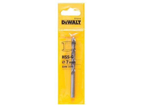 The DEWALT HSS G-Jobber Drill Bit is a precision ground twist drill bit for rapid drilling, long-life and excellent concentricity. It has been manufactured from High-Speed Steel that conforms to DIN 338. The drill bit is ground from solid stock and has a right-hand cutting, type N flute with a precision ground end at 118° point angle.This DEWALT HSS-G Jobber Drill Bit has the following specification:Diameter: 7.0mmOverall Length: 109mmWorking Length: 69mmPack Quantity: 1