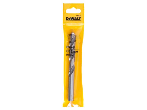 The DEWALT HSS G-Jobber Drill Bit is a precision ground twist drill bit for rapid drilling, long-life and excellent concentricity. It has been manufactured from High-Speed Steel that conforms to DIN 338. The drill bit is ground from solid stock and has a right-hand cutting, type N flute with a precision ground end at 118° point angle.This DEWALT HSS-G Jobber Drill Bit has the following specification:Diameter: 13.0mmOverall Length: 151mmWorking Length: 101mmPack Quantity: 1