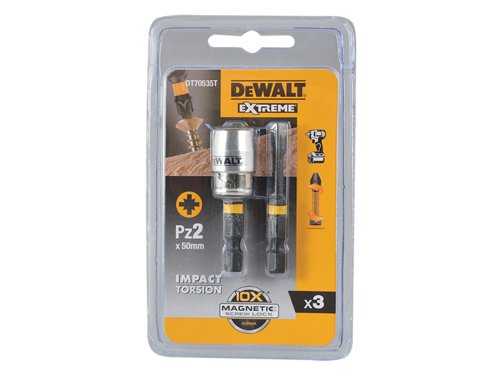 DEWALT Impact Torsion Bits PZ2 x 50mm (x2) and Magnetic Screwlock Sleeve