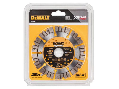 The DEWALT Extreme Diamond Cutting Blade has a 3 x 12mm diamond segment with an aggressive cut pattern giving faster cuts and longer blade life. With an optimised wheel edge design for better debris removal. For cutting through concrete and masonry materials, wet or dry conditions.Ideal for use with the DCS690 FlexVolt XR Cut Off Saw.This DEWALT Extreme Wet & Dry Use Diamond Blade has the following specification:Diameter: 125mmBore Size: 22.23mmSegment Height: 12mmSegment Thickness: 2.6mmMax. rpm: 12,250/min.