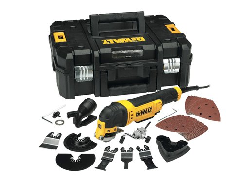 The DEWALT DWE315KT corded Multi Tool has a powerful 300 Watt motor and superior ergonomics to offer comfortable use. For ease of use, it features quick accessory change and adjustment, requiring no Hex Key.The variable speed trigger provides ultimate control. It is supplied with a tough, durable T-STAK Kit box, and a 37-piece accessory set that contains:1 x Oscillating Wood with Nails Blade.1 x Oscillating Fastcut Wood Blade.1 x Oscillating Wood Detail Blade.1 x Oscillating Semi Circle Wood Blade.1 x Oscillating Semi Circle Grout Removal Blade.1 x Oscillating Rigid Scraper.1 x Oscillating Sanding Plate.25 x Sanding Sheets (Assorted Grades).1 x Universal Adaptor.2 x Hex Keys: 3mm and 5mm.1 x Dust Extraction Adaptor.1 x Depth stop / straight cut guide.1 x T-Stak Kit Box.Specifications:Input Power: 300 Watt.No Load Speed: 0-22,000/min.Weight: 1.5kg.DEWALT DWE315KT Multi-Tool Quick Change Kit & TSTAK 300 Watt 240 Volt Version.