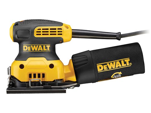 The DEWALT DWE6411 Palm Sander has a counterweight design that reduces vibration and a rubber overmould texture provides smooth and comfortable control whilst sanding. The switch is covered with a rubber dust boot to protect against dust ingestion for longer switch life. Sealed 100% ball-bearing construction provides longer life.Has a reduced overall height, allowing the user to get closer to their work. Its Hook & Loop platen allows faster paper change, better dust extraction and increase sanding efficiency. There is also paper clamps provided for conventional abrasives.Its locking dust-port system allows the user to lock a vacuum hose up with the sander. The dust port has been designed to fit directly to the DWV010 or DWV012 dust collectors. To attach the dust port to other vacs with a 1 1/4in hose, use the DWV9000 universal quick connector.Supplied with: 1 x Paper Punch and 1 x Dust Bag with Built-In Extractor Connection.Specifications:Input Power: 230W.Oscillating Speed: 14,000/min.Oscillating Diameter: 1.6mm.Base Plate: 108 x 115mm.Weight: 1.3kg.The DEWALT DWE6411 1/4 Sheet Sander 240V Version.