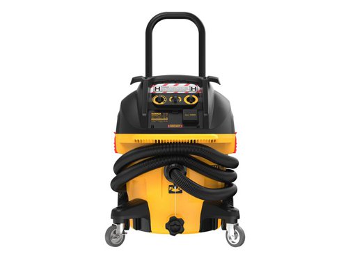 The DEWALT DWV905H Dust Extractor is H-Class compliant, meets regional regulations for use on EMEA ANZ jobsites. Improved motor and sealing of the dust extractor provides more air flow and pressure which guarantees market leading performance. Its head and tank are made from heavy-duty 3mm polypropylene, impact and drop resistant, ideal for use in tough applications. Fitted with a telescoping handle and large rear wheels for easy transportation.Dual cannister filters with an auto filter clean mechanism, maintains unit performance during tough construction applications. A variable suction dial allows the user to tailor suction to specific application or tool requirements. Whilst Auto Start & Stop Control, offers end users an auto-start feature with AC competition products. An audible alarm will alert if a drop in performance occurs.Supplied with: 2 x H-Class Compliant Filters, 1 x Antistatic Hose 4.6m x 32mm ˜, 1 x Connector Kit and 1 x Fleece Dust Bag.Specifications:Input Power: 1,400W.Capacity Wet/Dry: 18.4/38 litres.Hose Length x Diameter: 4.6m x 32mm ˜.Protection Class: IPX4.Weight: 15kg.The DEWALT DWV905H H-Class Dust Extractor 38 litre in the 240V Version.