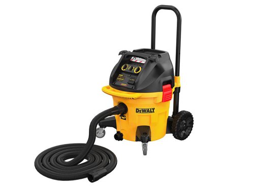 The DEWALT DWV905H Dust Extractor is H-Class compliant, meets regional regulations for use on EMEA ANZ jobsites. Improved motor and sealing of the dust extractor provides more air flow and pressure which guarantees market leading performance. Its head and tank are made from heavy-duty 3mm polypropylene, impact and drop resistant, ideal for use in tough applications. Fitted with a telescoping handle and large rear wheels for easy transportation.Dual cannister filters with an auto filter clean mechanism, maintains unit performance during tough construction applications. A variable suction dial allows the user to tailor suction to specific application or tool requirements. Whilst Auto Start & Stop Control, offers end users an auto-start feature with AC competition products. An audible alarm will alert if a drop in performance occurs.Supplied with: 2 x H-Class Compliant Filters, 1 x Antistatic Hose 4.6m x 32mm ˜, 1 x Connector Kit and 1 x Fleece Dust Bag.Specifications:Input Power: 1,400W.Capacity Wet/Dry: 18.4/38 litres.Hose Length x Diameter: 4.6m x 32mm ˜.Protection Class: IPX4.Weight: 15kg.The DEWALT DWV905H H-Class Dust Extractor 38 litre in the 240V Version.