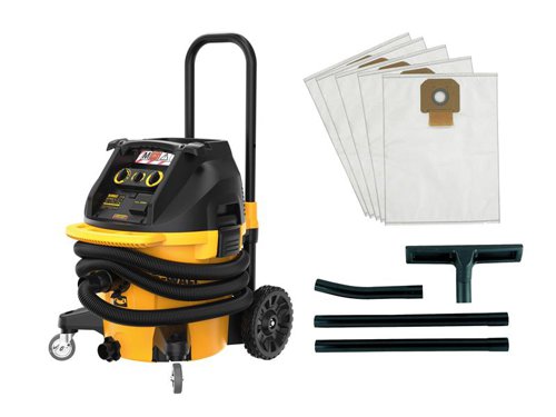 The DEWALT DWV905M Construction Dust Extractor is M-Class compliant, meets regional regulations for use on EMEA ANZ jobsites. Improved motor and sealing of the dust extractor provides more air flow and pressure which guarantees market leading performance. Its head and tank are made from heavy-duty 3mm polypropylene, impact and drop resistant, ideal for use in tough applications. Fitted with a telescoping handle and large rear wheels for easy transportation.Dual cannister filters with an auto filter clean mechanism, maintains unit performance during tough construction applications. A variable suction dial allows the user to tailor suction to specific application or tool requirements. Auto Start & Stop Control, offers end users an auto-start feature with AC competition products. An audible alarm will alert if a drop in performance occurs.Supplied with: 2 x M-Class Compliant Filters, 1 x Antistatic Hose 4.6m x 32mm ˜, 1 x Connector Kit and 1 x Fleece Dust Bag.Specifications:Input Power: 1,400W.Capacity Wet/Dry: 18.4/38 litres.Hose Length x Diameter: 4.6m x 32mm ˜.Protection Class: IPX4.Weight: 15kg.The DEWALT DWV905M M-Class Construction Dust Extractor 38 litre in the 240V Version.