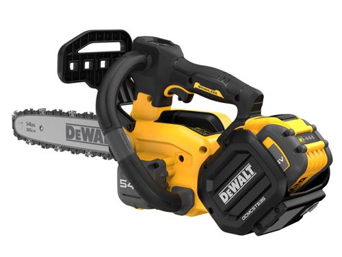 DEWALT DCMCST635 FlexVolt XR Top Handle Chainsaw with a high efficiency brushless motor for improved power and run time. Its variable pull switch, no more pulling the starter cord, and secondary auxiliary handle provide increased balance and control. Automatic oiling reduces maintenance requirements. Equipped with a high quality 35cm Oregan Blade and chain. The keyless attachment and chain tensioner allow you to quickly adjust the chain.Specification:Chain Speed: 23m/sec.Bar Length: 35cm.This DEWALT DCMCST635X1 FlexVolt XR Top Handle Chainsaw is supplied with:1 x DCB547 XR FlexVolt Slide Battery 18/54V 9.0/3.0Ah Li-ion.1 x 18-54V DCB118 XR FlexVolt Multi-Voltage Fast Charger.