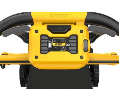 DEWALT DCMWSP156N XR Rear Wheel Drive Lawnmower with Direct Drive Brushless Autosensing Motor for improved run time, better cut quality and reduced stalling. Its 53cm high efficiency metal deck provides added durability. It offers Mulching, Bagging or Rear Discharge for natural lawn fertilisation or clip free lawn.Fitted with an ergonomic handle for easy and comfortable steering. A handy user interface incorporates a load meter allowing real time feedback. Easy 'One Touch Storage'. At the touch of a button, the telescopic handles fold down. This mower can be stored vertically, takes up 70% less space in vertical storage vs in operation.Powered by 2 x 18V batteries in series. Comes as a Bare Unit, NO battery or charger supplied.Specification:Cutting Width: 48cm.Cutting Height Adjustment: 25, 35, 45, 60, 85mm.Grass Box Capacity: 55 litre.