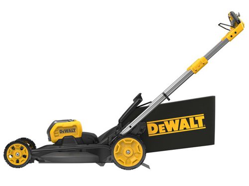 DEWALT DCMWSP550 Rear Wheel Drive Mower with Direct Drive Brushless Autosensing Motor for improved run time, better cut quality and reduced stalling. Its 53cm high efficiency metal deck provides added durability. It offers Mulching, Bagging or Rear Discharge for natural lawn fertilisation or clip free lawn.Fitted with an ergonomic handle for easy and comfortable steering. A handy user interface incorporates a load meter allowing real time feedback. Easy 'One Touch Storage'. At the touch of a button, the telescopic handles fold down. This mower can be stored vertically, takes up 70% less space in vertical storage vs in operation.Comes as a Bare Unit, NO battery or charger supplied.Specification:Cutting Width: 48cm.Cutting Height Adjustment: 25, 35, 45, 60, 85mm.Grass Box Capacity: 55 litre.